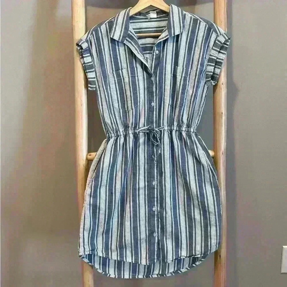 Japna Woven Mini Dress Striped Short Sleeve Blue White Elastic waist Size small - Picture 1 of 6
